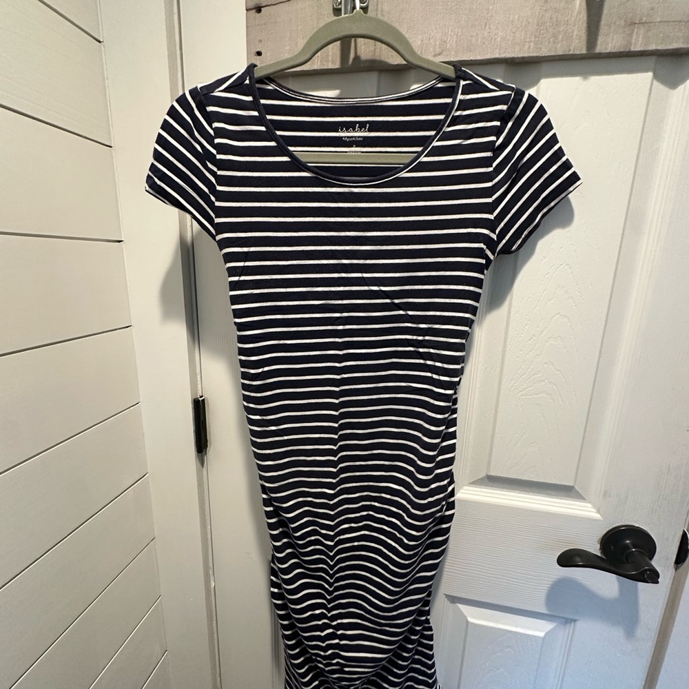 Ingrid & Isabel Navy and White Striped Midi Dress Maternity
